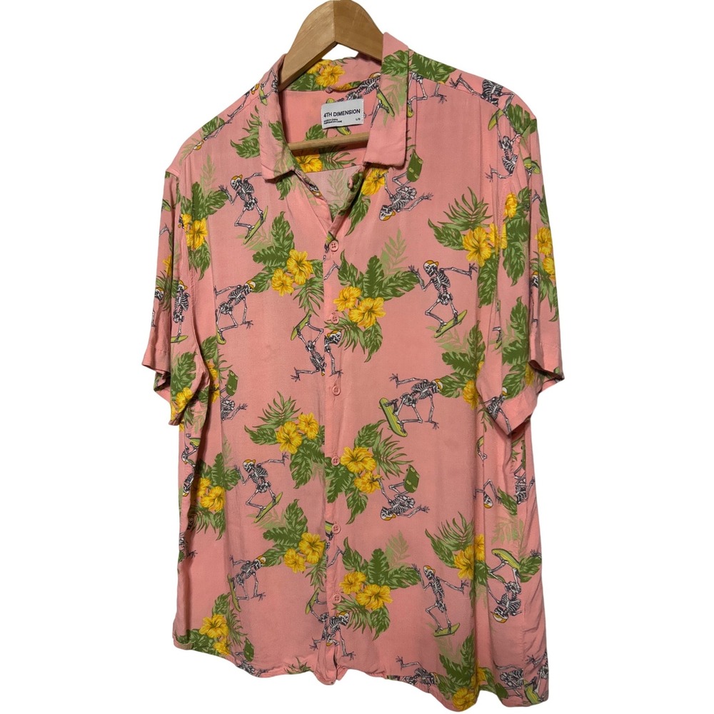 4th Dimension Skate Skeleton Hawaiian Shirt Pink Floral Print Size L‎